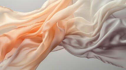 Graceful waves of luxurious silk fabric captured in motion, exhibiting a serene palette of peach and cream hues - obrazy, fototapety, plakaty