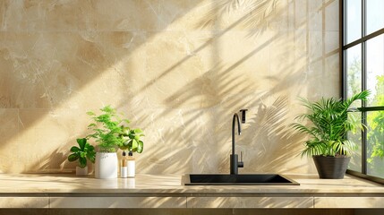 Green houseplants, Beige marble wall tile, 3D render close up perspective blank empty space on granite kitchen counter top with modern black washing sink and faucet by the window with morning sunlight