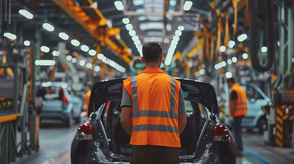 a man in an orange vest working on a car in a factory