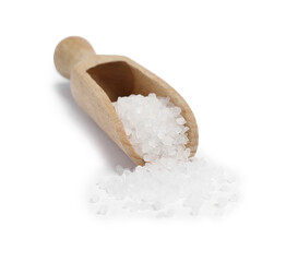 Fototapeta na wymiar Natural salt in wooden scoop isolated on white