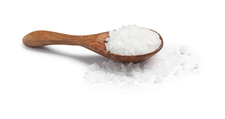 Fototapeta na wymiar Natural salt in wooden spoon isolated on white
