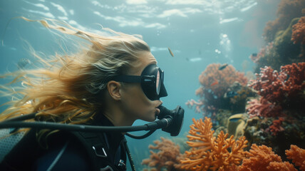 A blonde female scuba diver underwater in the ocean.