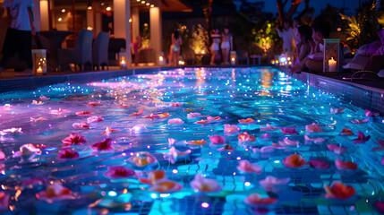 At night, the pool party, laser lights, colorful lights in the atmosphere, clear water, there are flowers, cakes and fruits on the buffet table