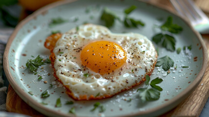 Heart-shaped fried egg on a white plate.