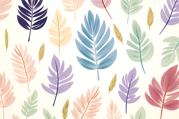 Fototapeta na wymiar Elegant array of tropical leaves rendered in soft pastel tones on white background