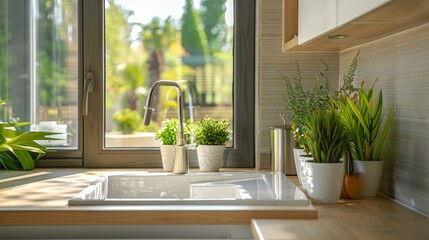 In a modern kitchen, a beautiful white sink is positioned near the window, adding to the aesthetic appeal of the space