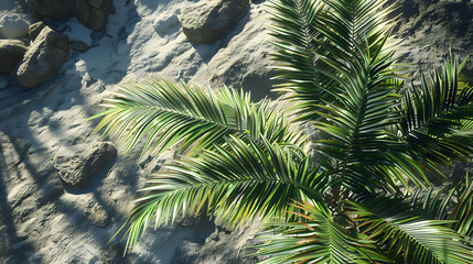 Obraz premium Palm Tree and Rocks on Sandy Beach