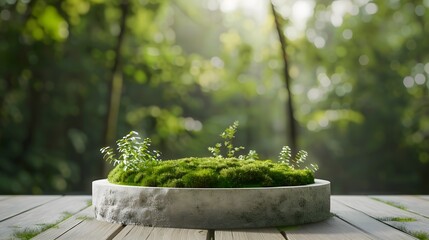 Podium background product moss stone green forest cosmetic display nature presentation. Background wood beauty product podium stand concept summer pedestal plant design template environment platform