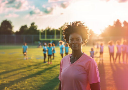 Beautiful black woman rugby coach smiling face standing in front of her team.