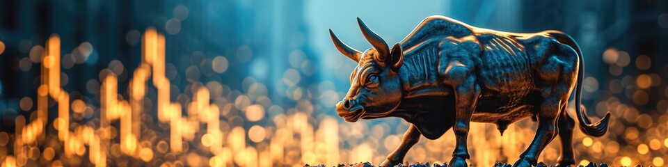 a stock market bull sculpture against a background of rising charts, symbolizing optimism and positive momentum in financial markets.