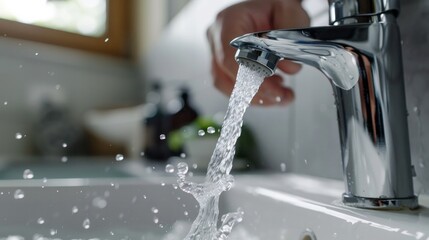 In the bathroom, the faucet runs with water flowing, as a man turns it off to conserve water, save energy, and protect the environment, in observance of World Environment Day - obrazy, fototapety, plakaty