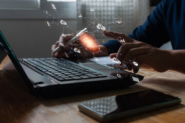 Business people touch AI tech cloud computing icon network. Cloud technology, Cloud data transfer and online data storage for business network confidential data of business on internet storage network