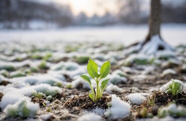 Young green sprout emerging from snowy frozen ground announcing end of winter end beginning of spring season