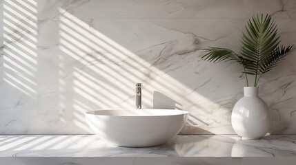 Fototapeta na wymiar Realistic 3D render close up perspective blank empty marble counter top for product display with modern white ceramic wash basin and faucet. Morning sunlight and blind curtains shadow on granite wall