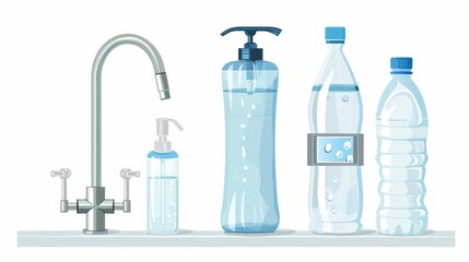 Vector set featuring a water tap with a valve and a plastic bottle labeled as containing pure liquid