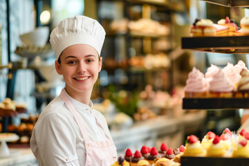 Portrait of smiling female pastry chef standing at counter in confectionery
