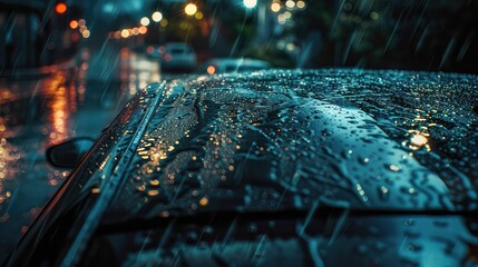 droplets rain on car - obrazy, fototapety, plakaty