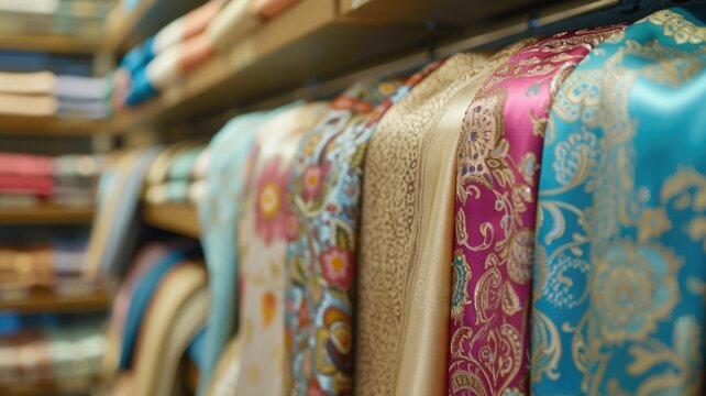array of richly patterned traditional fabrics, their ornate designs and shimmering textures offering a feast for the senses in a fabric store