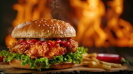 Delicious spicy fried chicken burger with burning fire on dark background - obrazy, fototapety, plakaty