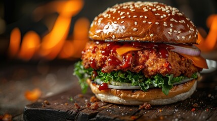 Delicious spicy fried chicken burger with burning fire on dark background