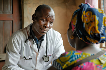 Portrait of a male black doctor talking to a female patient in a hospital
