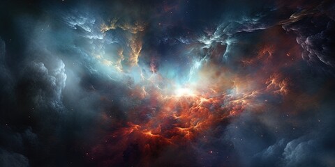 Dramatic cosmic scene of a star's birth within colorful space nebula with vivid clouds and dust