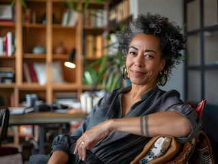 potrait of beautiful experienced mature senior mixed race businesswoman taking a break, leaning back in her chair with satisfaction in a modern home office setting.