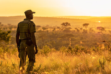 Young African American male ranger with backpack and cap in the savannah - obrazy, fototapety, plakaty
