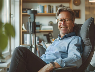 Portrait of a mature experienced senior businessman taking a break in her chair in his home office