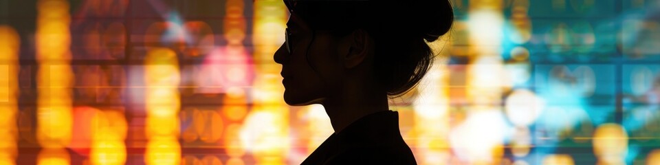Silhouette of a businesswoman against a backdrop of rising stock market graphs, symbolizing her success in investment and wealth creation.