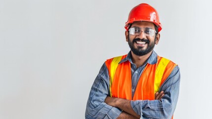 Construction worker, engineer and studio portrait of happy man in vest and helmet for safety on white background.