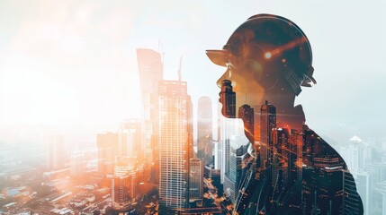 Double exposure image, Man engineer overlay with building architecture urban cityscape. - obrazy, fototapety, plakaty