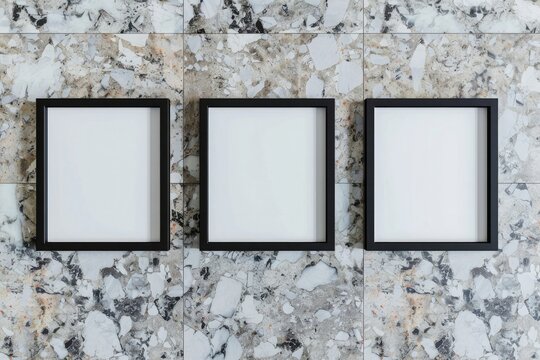 Empty picture frames gallery with square shapes on a marble wall with black frame. 