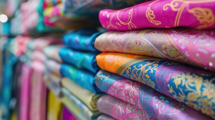 vivid display of fabric rolls, each boasting unique patterns and bold colors, arranged neatly on shelves in a fabric shop
