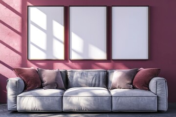 Three frames on Living room interior with gray sofa, pillows on magenta wall background with sunlight coming through the window. 