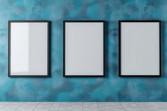 Three empty modern square black frame mockup design on a blue wall room for prints and photos. 