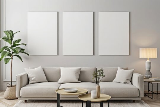 three isolated art canvas in living room for mockup. Sofa, table, lamp and plant in room.