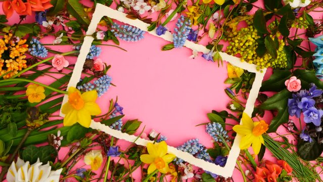Creative flowers composition, flat lay top view