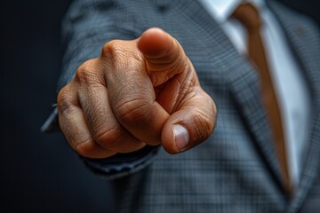 A closeup of a business person's hand in a suit gesturing, symbolizing selection or accusation