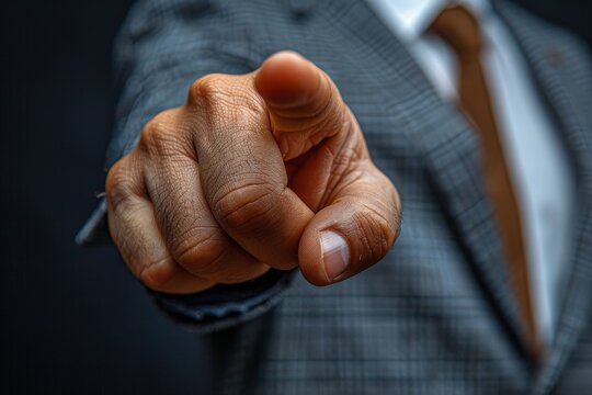 A closeup of a business person's hand in a suit gesturing, symbolizing selection or accusation