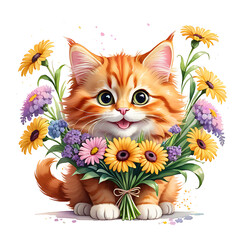 cat with a bunch of flowers