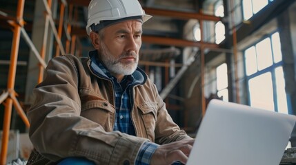 Mature architect working on laptop in construction area - obrazy, fototapety, plakaty