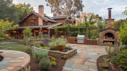 A craftsman style house in a rich caramel, with a backyard including a wood-fired pizza oven and a flagstone sidewalk surrounded by edible landscaping. 