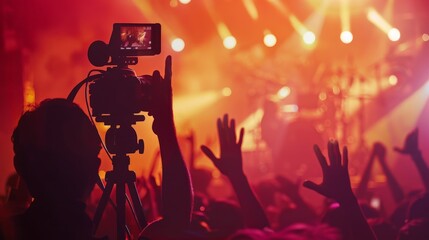 silhouette of cameraman operator shooting a live rock concert, fans around raised hands - obrazy, fototapety, plakaty