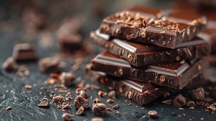 Composition of bars and pieces of different milk and dark chocolate, grated cocoa - obrazy, fototapety, plakaty