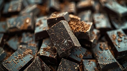 Composition of bars and pieces of different milk and dark chocolate, grated cocoa