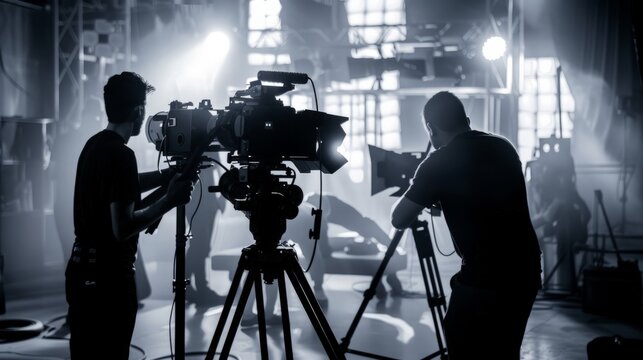 Video production behind the scenes. Making of TV commercial movie that film crew team lightman and cameraman working together with film director in studio.