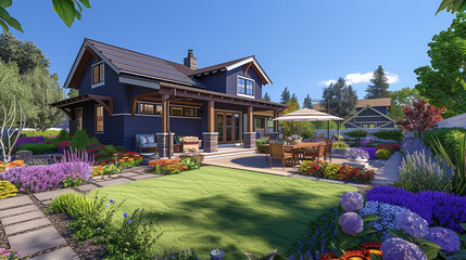 A vibrant violet craftsman house, with a backyard that includes an outdoor kitchen and a lush...