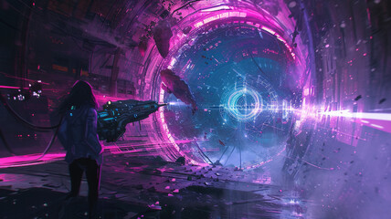 A derelict spaceship interior, the girl in alien blue, brandishing a laser cannon, surrounded by flickering holographic displays.