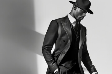 Handsome african american man in elegant suit and hat. Fashion shot.
 - Powered by Adobe